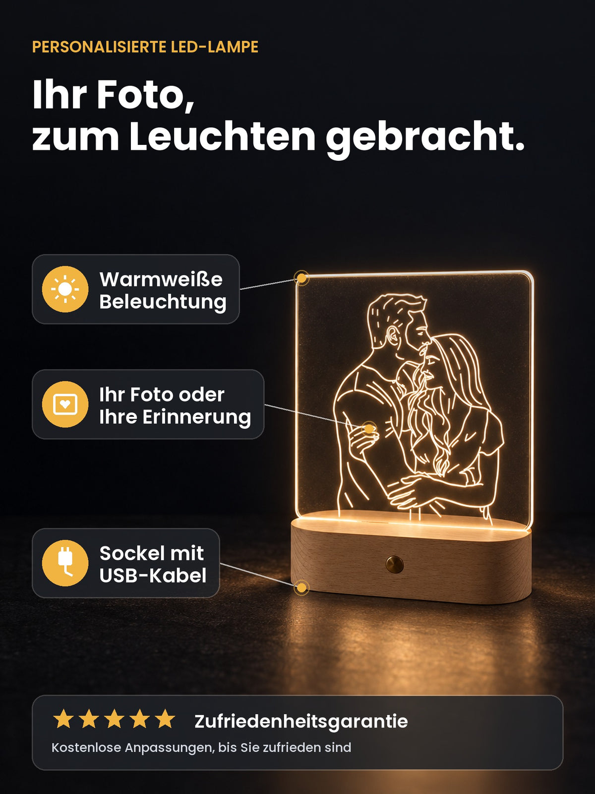 Personalisierte LED-Lampe Lumao: warmweiße Beleuchtung, Ihr Foto oder Ihre Erinnerung, Sockel mit USB-Kabel